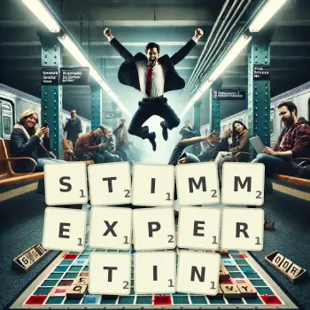 Kreative Illustration für ein Scrabble-Spiel, bei dem das Wort STIMMEXPERTIN mit Steinen auf dem Brett gelegt wurde.