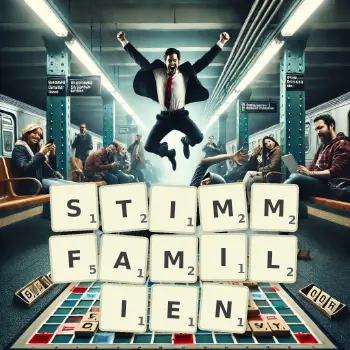 Kreative Illustration für ein Scrabble-Spiel, bei dem das Wort STIMMFAMILIEN mit Steinen auf dem Brett gelegt wurde.