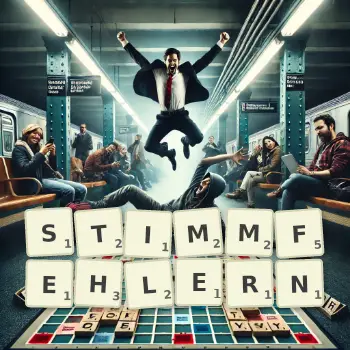 Kreative Illustration für ein Scrabble-Spiel, bei dem das Wort STIMMFEHLERN mit Steinen auf dem Brett gelegt wurde.