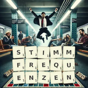 Kreative Illustration für ein Scrabble-Spiel, bei dem das Wort STIMMFREQUENZEN mit Steinen auf dem Brett gelegt wurde.