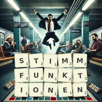 Kreative Illustration für ein Scrabble-Spiel, bei dem das Wort STIMMFUNKTIONEN mit Steinen auf dem Brett gelegt wurde.