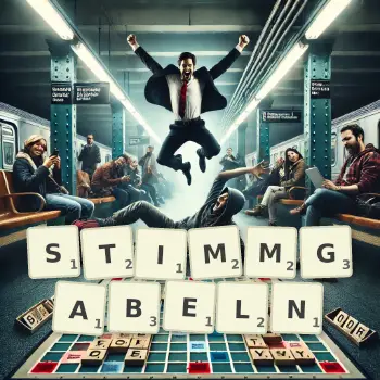 Kreative Illustration für ein Scrabble-Spiel, bei dem das Wort STIMMGABELN mit Steinen auf dem Brett gelegt wurde.
