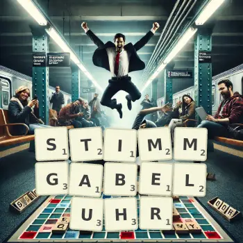 Kreative Illustration für ein Scrabble-Spiel, bei dem das Wort STIMMGABELUHR mit Steinen auf dem Brett gelegt wurde.