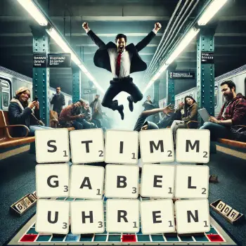 Kreative Illustration für ein Scrabble-Spiel, bei dem das Wort STIMMGABELUHREN mit Steinen auf dem Brett gelegt wurde.
