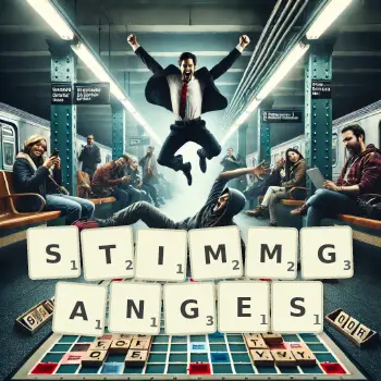 Kreative Illustration für ein Scrabble-Spiel, bei dem das Wort STIMMGANGES mit Steinen auf dem Brett gelegt wurde.