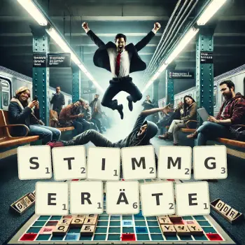 Kreative Illustration für ein Scrabble-Spiel, bei dem das Wort STIMMGERÄTE mit Steinen auf dem Brett gelegt wurde.