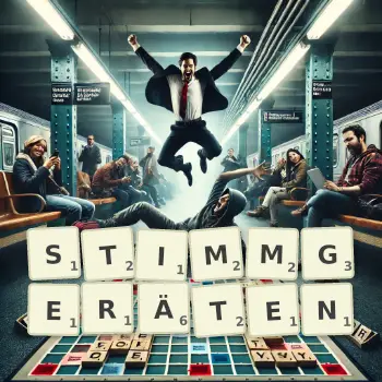 Kreative Illustration für ein Scrabble-Spiel, bei dem das Wort STIMMGERÄTEN mit Steinen auf dem Brett gelegt wurde.