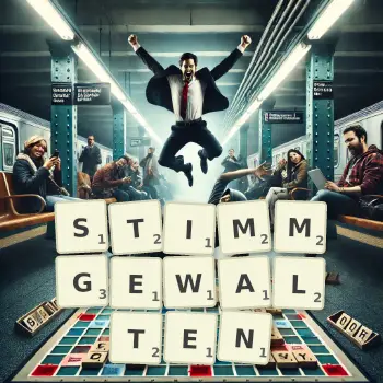 Kreative Illustration für ein Scrabble-Spiel, bei dem das Wort STIMMGEWALTEN mit Steinen auf dem Brett gelegt wurde.