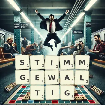 Kreative Illustration für ein Scrabble-Spiel, bei dem das Wort STIMMGEWALTIG mit Steinen auf dem Brett gelegt wurde.