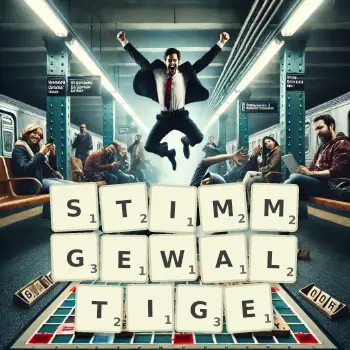 Kreative Illustration für ein Scrabble-Spiel, bei dem das Wort STIMMGEWALTIGE mit Steinen auf dem Brett gelegt wurde.