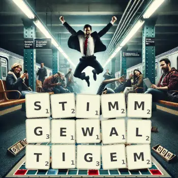 Kreative Illustration für ein Scrabble-Spiel, bei dem das Wort STIMMGEWALTIGEM mit Steinen auf dem Brett gelegt wurde.