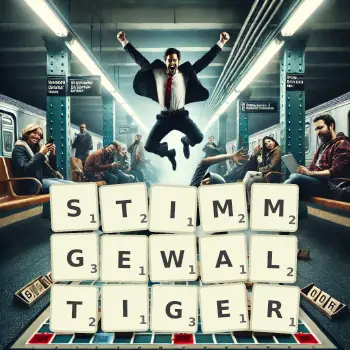 Kreative Illustration für ein Scrabble-Spiel, bei dem das Wort STIMMGEWALTIGER mit Steinen auf dem Brett gelegt wurde.