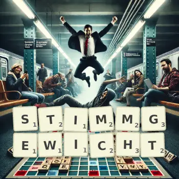 Kreative Illustration für ein Scrabble-Spiel, bei dem das Wort STIMMGEWICHT mit Steinen auf dem Brett gelegt wurde.