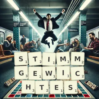 Kreative Illustration für ein Scrabble-Spiel, bei dem das Wort STIMMGEWICHTES mit Steinen auf dem Brett gelegt wurde.