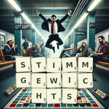 Kreative Illustration für ein Scrabble-Spiel, bei dem das Wort STIMMGEWICHTS mit Steinen auf dem Brett gelegt wurde.