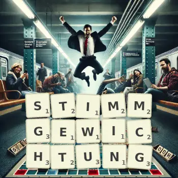 Kreative Illustration für ein Scrabble-Spiel, bei dem das Wort STIMMGEWICHTUNG mit Steinen auf dem Brett gelegt wurde.