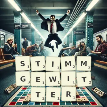 Kreative Illustration für ein Scrabble-Spiel, bei dem das Wort STIMMGEWITTER mit Steinen auf dem Brett gelegt wurde.