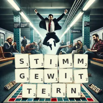 Kreative Illustration für ein Scrabble-Spiel, bei dem das Wort STIMMGEWITTERN mit Steinen auf dem Brett gelegt wurde.