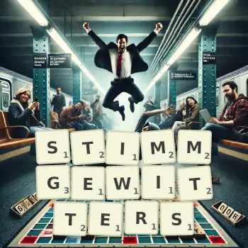 Kreative Illustration für ein Scrabble-Spiel, bei dem das Wort STIMMGEWITTERS mit Steinen auf dem Brett gelegt wurde.