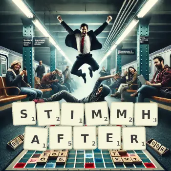 Kreative Illustration für ein Scrabble-Spiel, bei dem das Wort STIMMHAFTER mit Steinen auf dem Brett gelegt wurde.