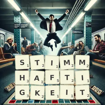 Kreative Illustration für ein Scrabble-Spiel, bei dem das Wort STIMMHAFTIGKEIT mit Steinen auf dem Brett gelegt wurde.