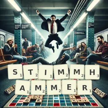 Kreative Illustration für ein Scrabble-Spiel, bei dem das Wort STIMMHAMMER mit Steinen auf dem Brett gelegt wurde.