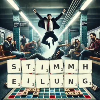 Kreative Illustration für ein Scrabble-Spiel, bei dem das Wort STIMMHEILUNG mit Steinen auf dem Brett gelegt wurde.