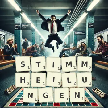 Kreative Illustration für ein Scrabble-Spiel, bei dem das Wort STIMMHEILUNGEN mit Steinen auf dem Brett gelegt wurde.