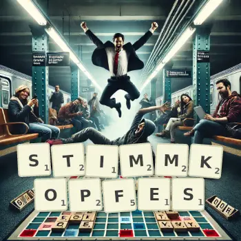 Kreative Illustration für ein Scrabble-Spiel, bei dem das Wort STIMMKOPFES mit Steinen auf dem Brett gelegt wurde.