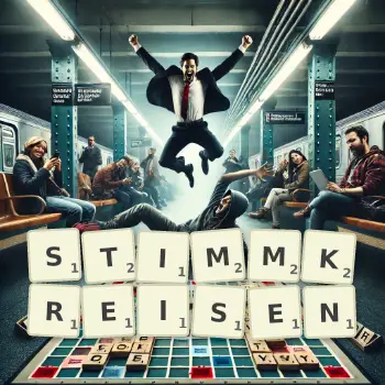 Kreative Illustration für ein Scrabble-Spiel, bei dem das Wort STIMMKREISEN mit Steinen auf dem Brett gelegt wurde.