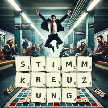Kreative Illustration für ein Scrabble-Spiel, bei dem das Wort STIMMKREUZUNG mit Steinen auf dem Brett gelegt wurde.