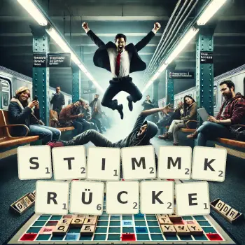 Kreative Illustration für ein Scrabble-Spiel, bei dem das Wort STIMMKRÜCKE mit Steinen auf dem Brett gelegt wurde.
