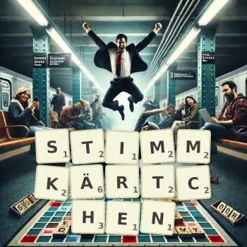 Kreative Illustration für ein Scrabble-Spiel, bei dem das Wort STIMMKÄRTCHEN mit Steinen auf dem Brett gelegt wurde.