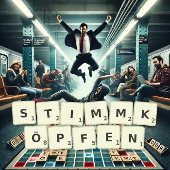 Kreative Illustration für ein Scrabble-Spiel, bei dem das Wort STIMMKÖPFEN mit Steinen auf dem Brett gelegt wurde.