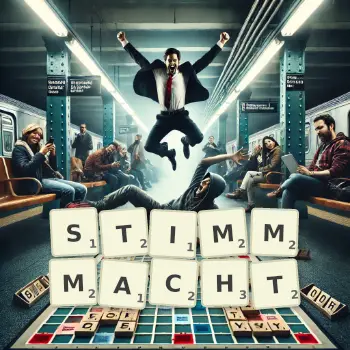 Kreative Illustration für ein Scrabble-Spiel, bei dem das Wort STIMMMACHT mit Steinen auf dem Brett gelegt wurde.