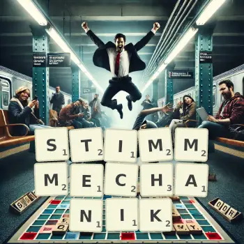 Kreative Illustration für ein Scrabble-Spiel, bei dem das Wort STIMMMECHANIK mit Steinen auf dem Brett gelegt wurde.