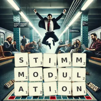 Kreative Illustration für ein Scrabble-Spiel, bei dem das Wort STIMMMODULATION mit Steinen auf dem Brett gelegt wurde.