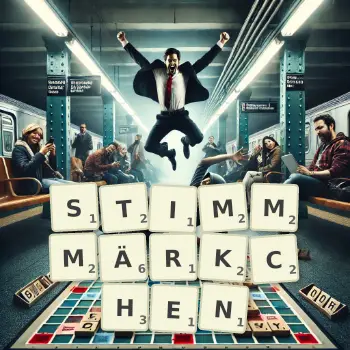 Kreative Illustration für ein Scrabble-Spiel, bei dem das Wort STIMMMÄRKCHEN mit Steinen auf dem Brett gelegt wurde.