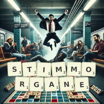 Kreative Illustration für ein Scrabble-Spiel, bei dem das Wort STIMMORGANE mit Steinen auf dem Brett gelegt wurde.
