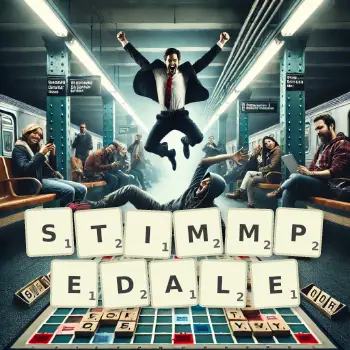 Kreative Illustration für ein Scrabble-Spiel, bei dem das Wort STIMMPEDALE mit Steinen auf dem Brett gelegt wurde.