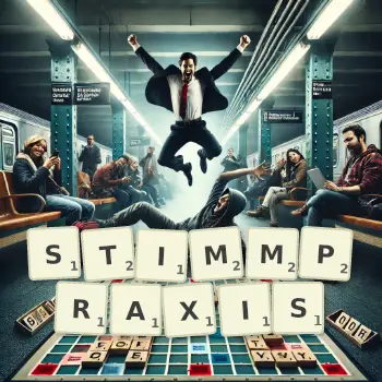 Kreative Illustration für ein Scrabble-Spiel, bei dem das Wort STIMMPRAXIS mit Steinen auf dem Brett gelegt wurde.