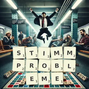 Kreative Illustration für ein Scrabble-Spiel, bei dem das Wort STIMMPROBLEME mit Steinen auf dem Brett gelegt wurde.