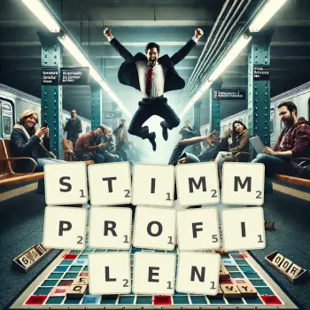 Kreative Illustration für ein Scrabble-Spiel, bei dem das Wort STIMMPROFILEN mit Steinen auf dem Brett gelegt wurde.