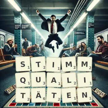 Kreative Illustration für ein Scrabble-Spiel, bei dem das Wort STIMMQUALITÄTEN mit Steinen auf dem Brett gelegt wurde.