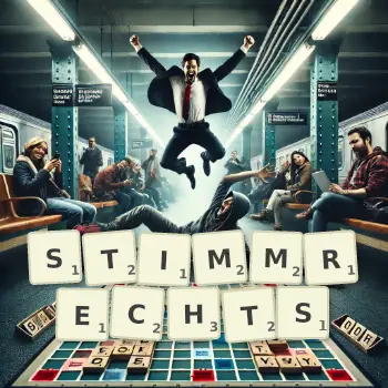 Kreative Illustration für ein Scrabble-Spiel, bei dem das Wort STIMMRECHTS mit Steinen auf dem Brett gelegt wurde.