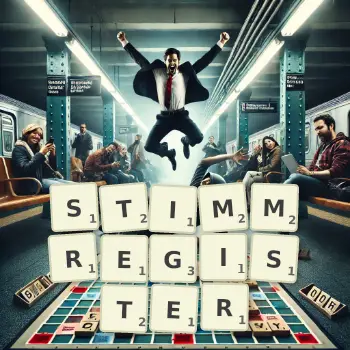 Kreative Illustration für ein Scrabble-Spiel, bei dem das Wort STIMMREGISTER mit Steinen auf dem Brett gelegt wurde.