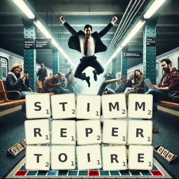 Kreative Illustration für ein Scrabble-Spiel, bei dem das Wort STIMMREPERTOIRE mit Steinen auf dem Brett gelegt wurde.