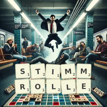 Kreative Illustration für ein Scrabble-Spiel, bei dem das Wort STIMMROLLE mit Steinen auf dem Brett gelegt wurde.