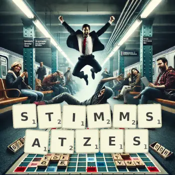 Kreative Illustration für ein Scrabble-Spiel, bei dem das Wort STIMMSATZES mit Steinen auf dem Brett gelegt wurde.