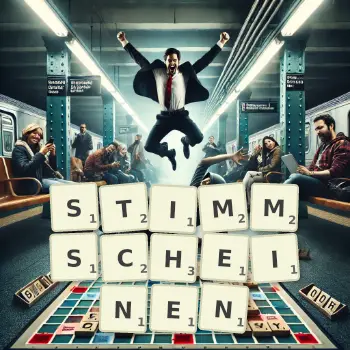 Kreative Illustration für ein Scrabble-Spiel, bei dem das Wort STIMMSCHEINEN mit Steinen auf dem Brett gelegt wurde.